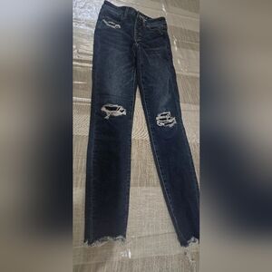 American Eagle Button Up Dark Blue Distressed Skinny Jeans